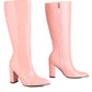 Faux Croc Print Block Heel Mid Calf Knee High Boots - Pink