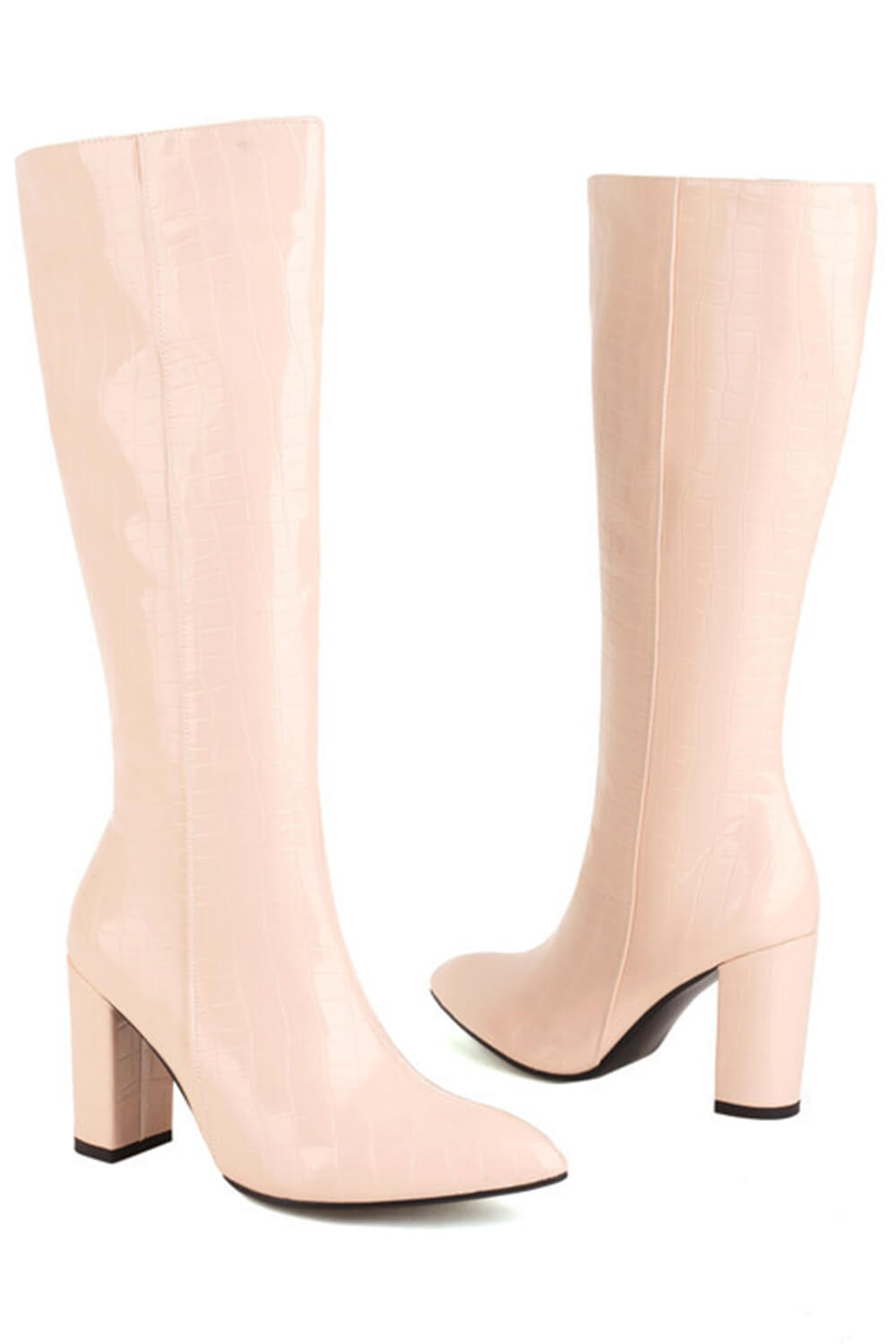 Faux Croc Print Block Heel Mid Calf Knee High Boots - Pink