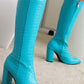 Faux Croc Print Block Heel Mid Calf Knee High Boots - Cyan