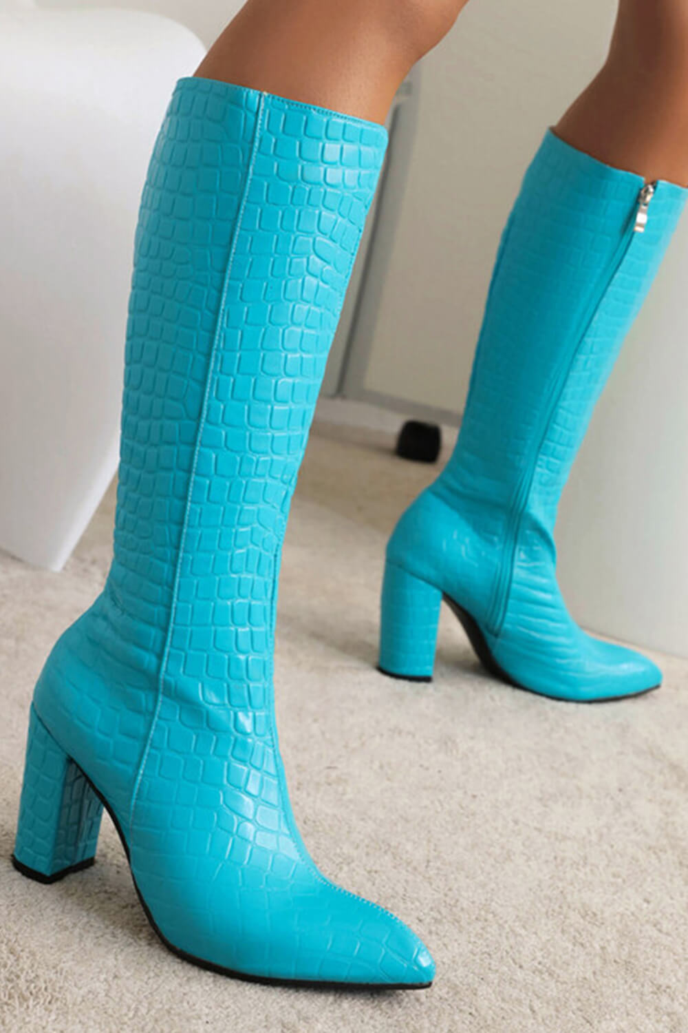 Faux Croc Print Block Heel Mid Calf Knee High Boots - Cyan