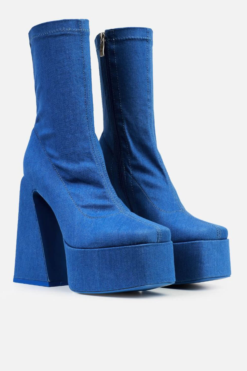 Denim Platform Square Toe Statement Block Heel Ankle Boots