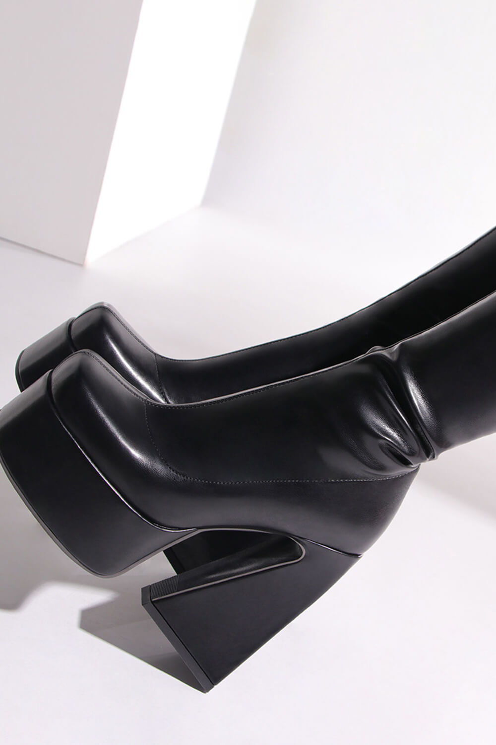 Black Platform Square Toe Statement Block Heel Knee High Boots