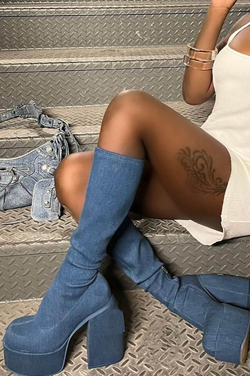 Blue Denim Closed Round Toe Chunky Platform Block Heel Knee High Boot
