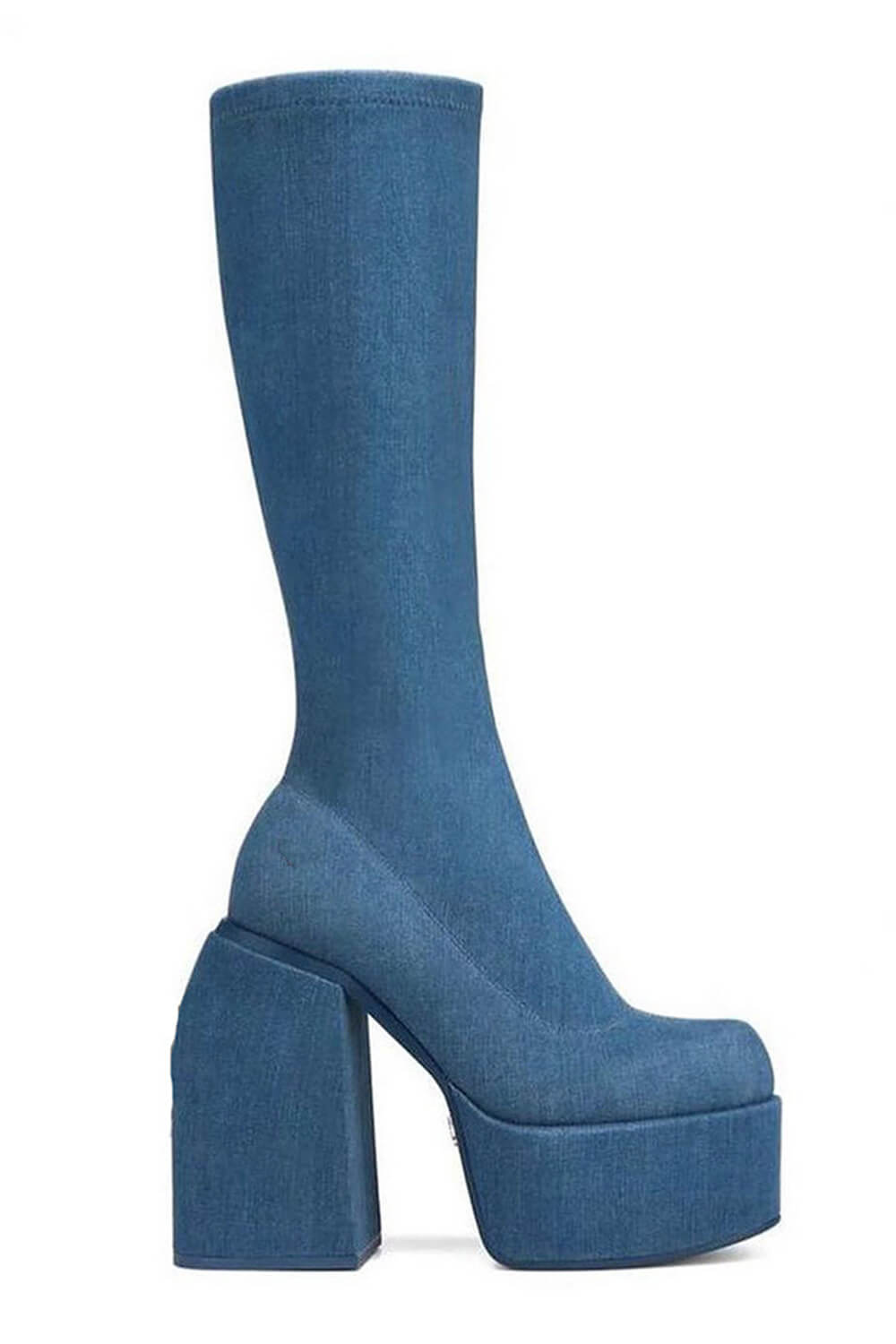 Blue Denim Closed Round Toe Chunky Platform Block Heel Knee High Boot