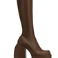 Faux Leather Closed Round Toe Chunky Platform Block Heel Knee High Boot - Chocolate