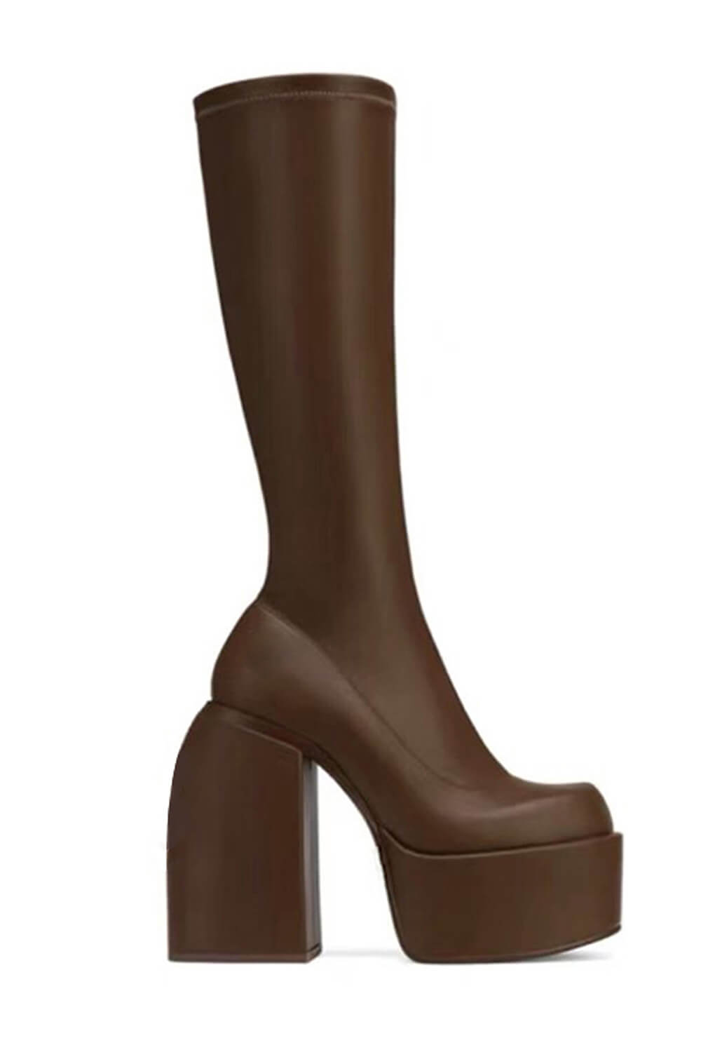 Faux Leather Closed Round Toe Chunky Platform Block Heel Knee High Boot - Chocolate