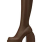 Faux Leather Closed Round Toe Chunky Platform Block Heel Knee High Boot - Chocolate