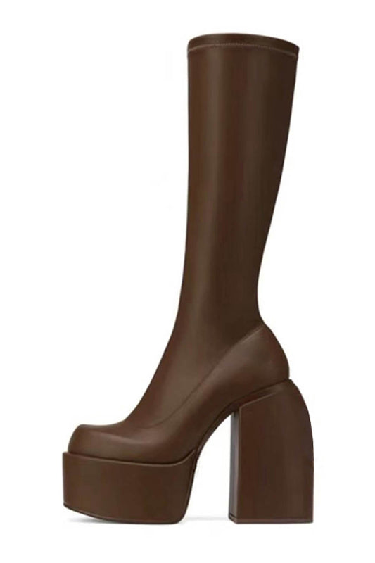 Faux Leather Closed Round Toe Chunky Platform Block Heel Knee High Boot - Chocolate