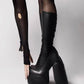 Faux Leather Closed Round Toe Chunky Platform Block Heel Knee High Boot - Black