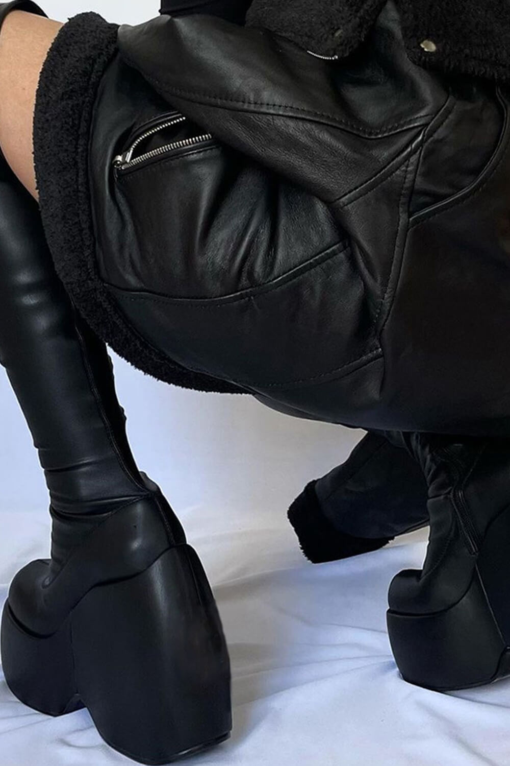 Zip Detail Chunky Platform Wedge Over The Knee Thigh High Long Bike Boot - Black