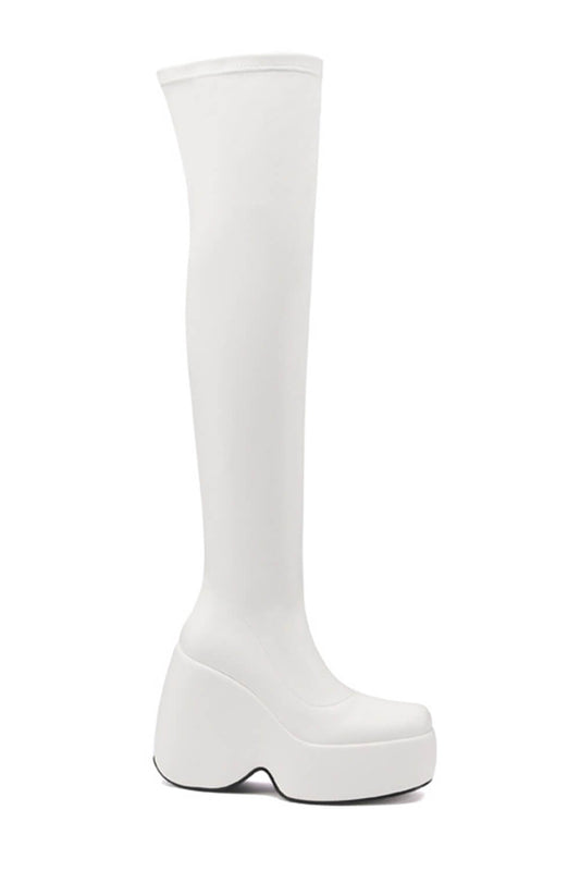 Zip Detail Chunky Platform Wedge Over The Knee Thigh High Long Bike Boot - White