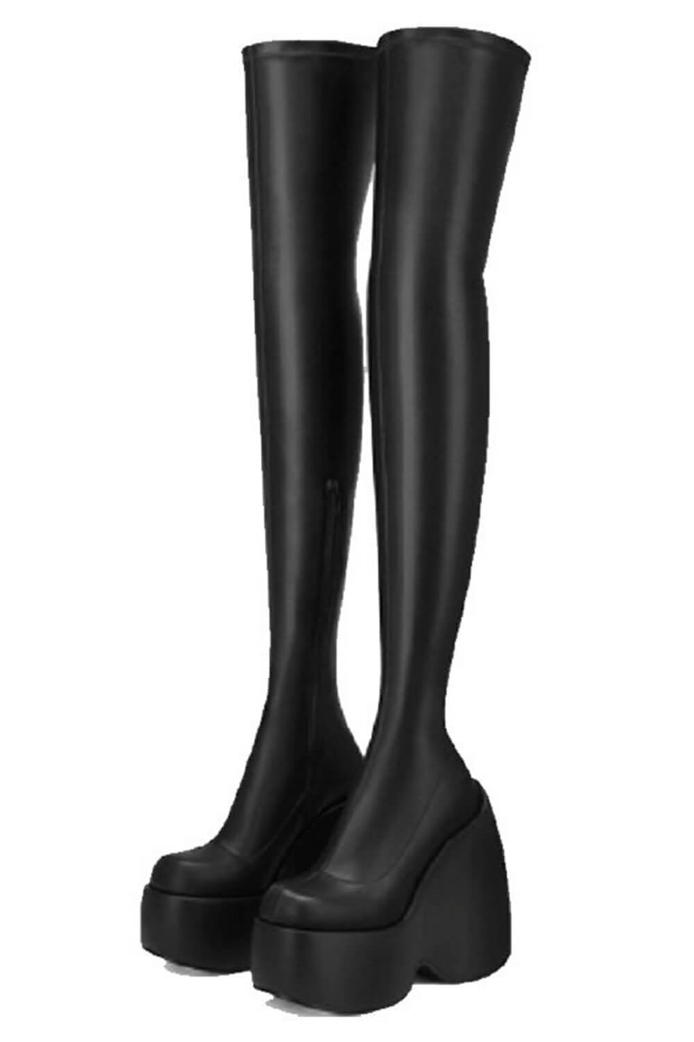 Zip Detail Chunky Platform Wedge Over The Knee Thigh High Long Bike Boot - Black