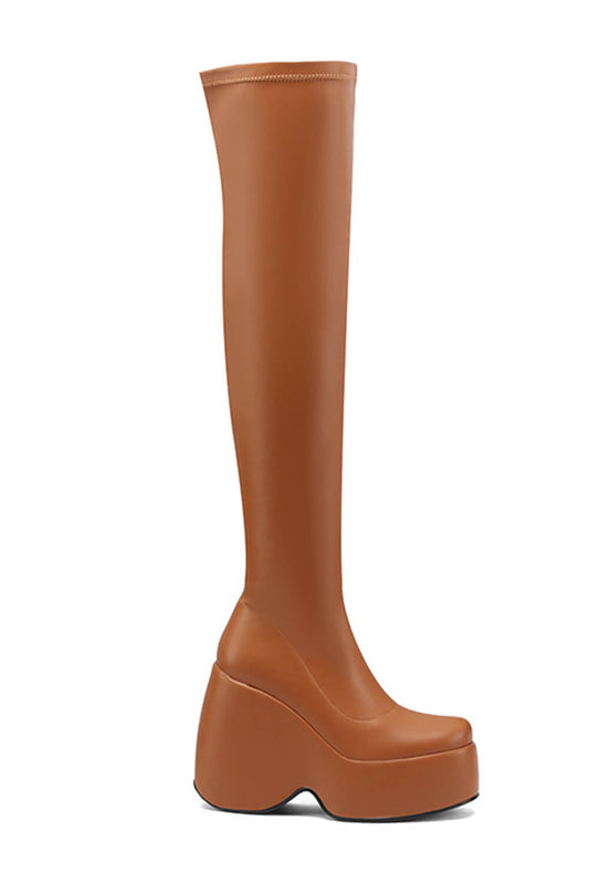 Zip Detail Chunky Platform Wedge Over The Knee Thigh High Long Bike Boot - Brown