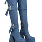 Blue Patches Over The Knee Denim Platform Boots With Hardware And Denim Ties Detailing