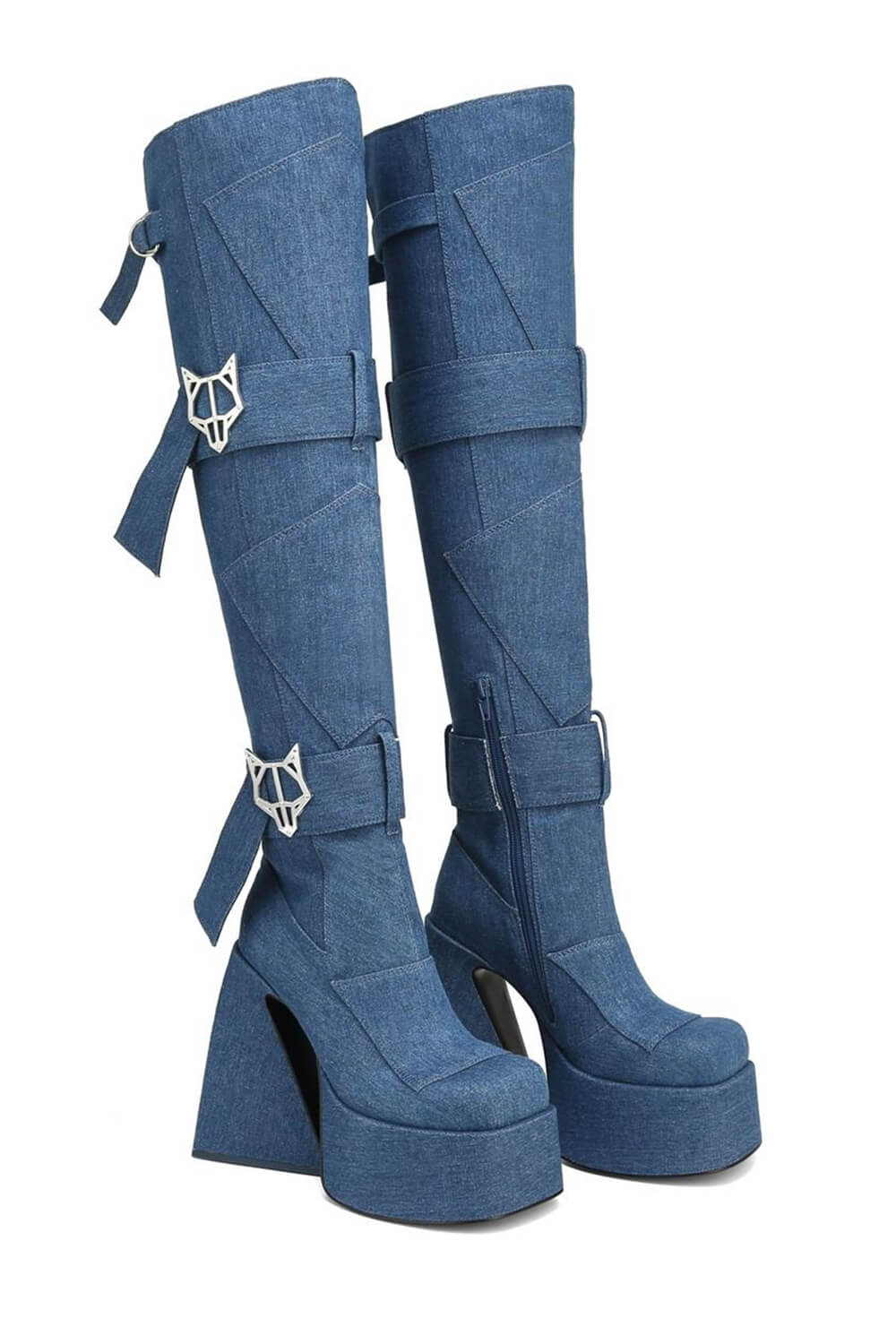 Blue Patches Over The Knee Denim Platform Boots With Hardware And Denim Ties Detailing