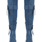 Blue Patches Over The Knee Denim Platform Boots With Hardware And Denim Ties Detailing