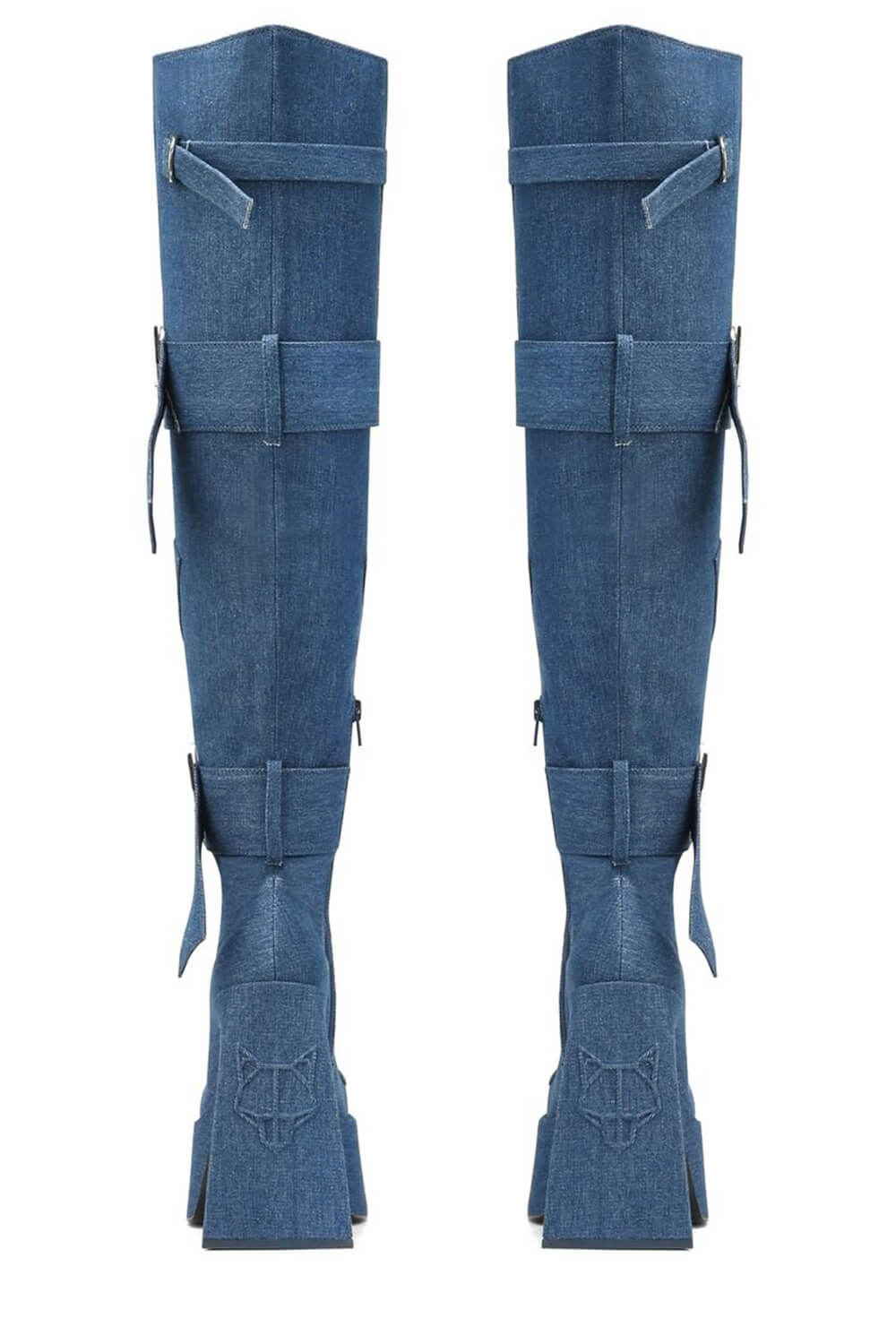 Blue Patches Over The Knee Denim Platform Boots With Hardware And Denim Ties Detailing