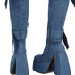 Blue Patches Over The Knee Denim Platform Boots With Hardware And Denim Ties Detailing