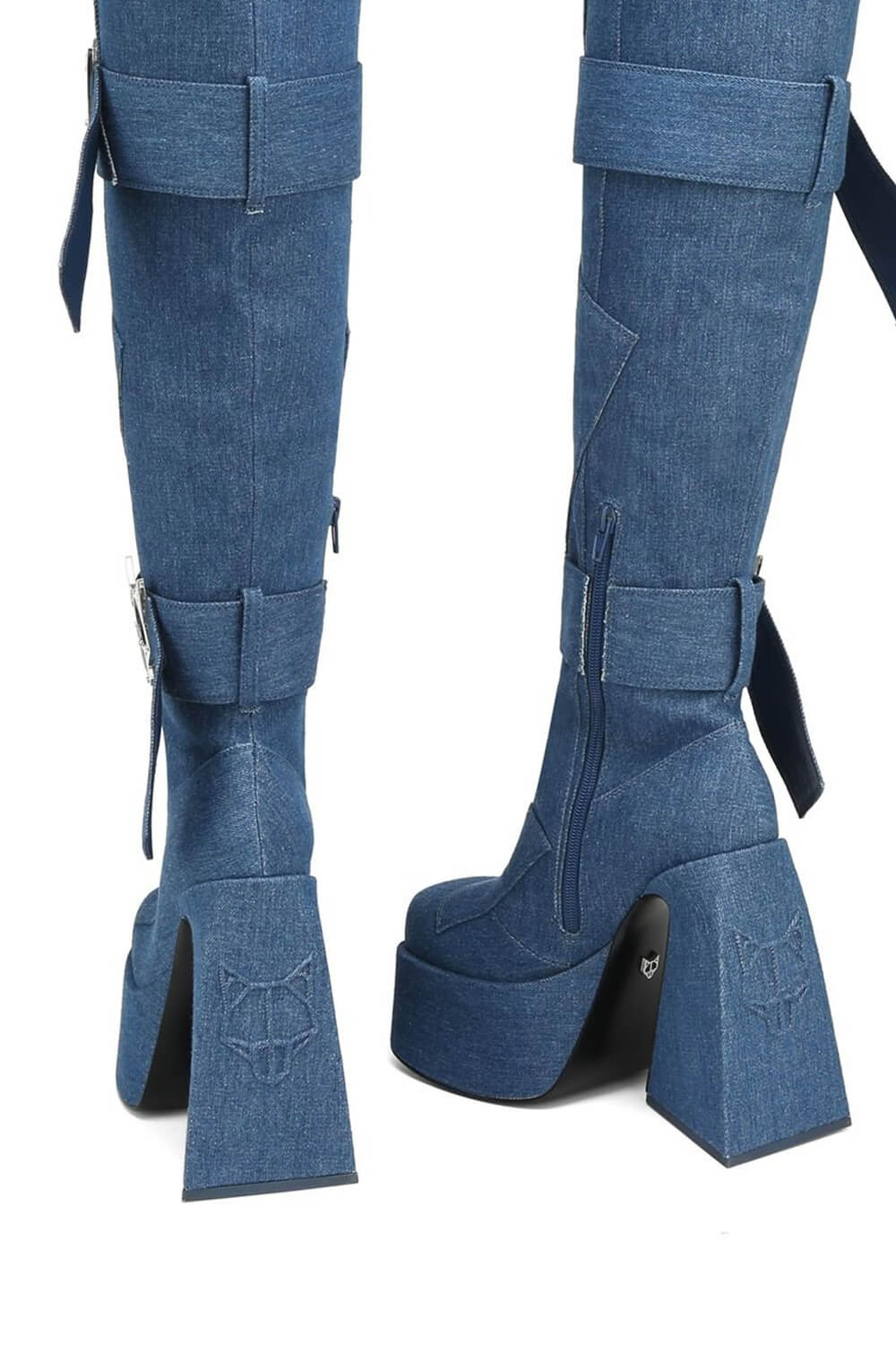 Blue Patches Over The Knee Denim Platform Boots With Hardware And Denim Ties Detailing