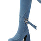 Blue Patches Over The Knee Denim Platform Boots With Hardware And Denim Ties Detailing