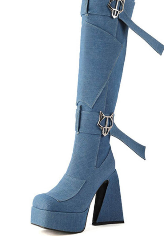 Blue Patches Over The Knee Denim Platform Boots With Hardware And Denim Ties Detailing