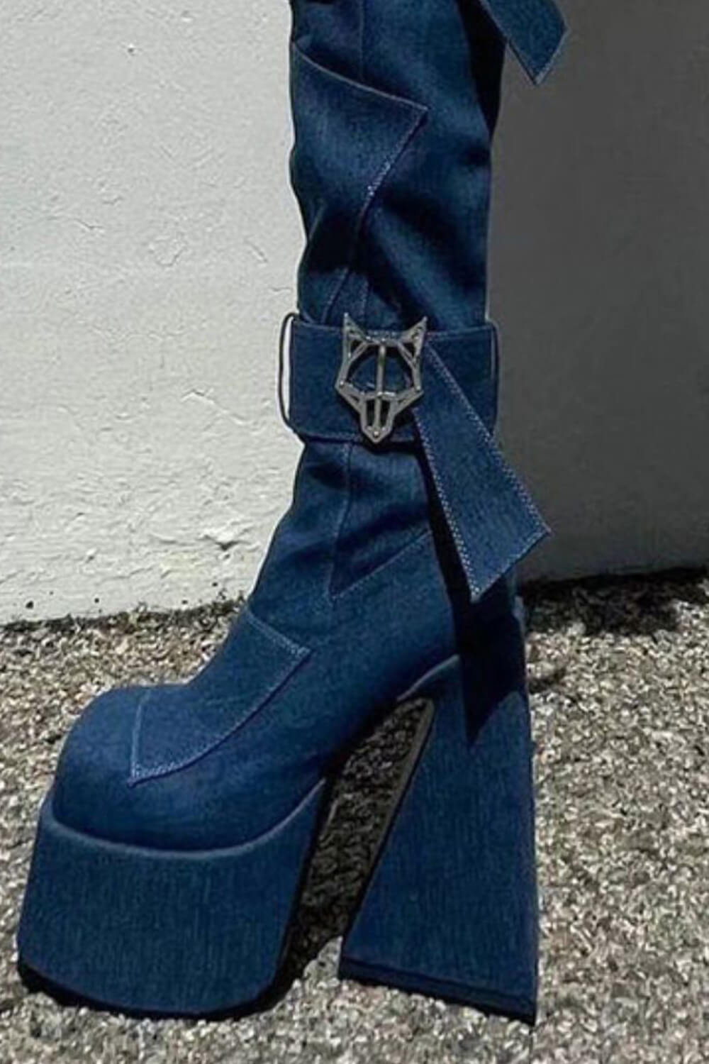 Blue Patches Over The Knee Denim Platform Boots With Hardware And Denim Ties Detailing