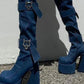 Blue Patches Over The Knee Denim Platform Boots With Hardware And Denim Ties Detailing