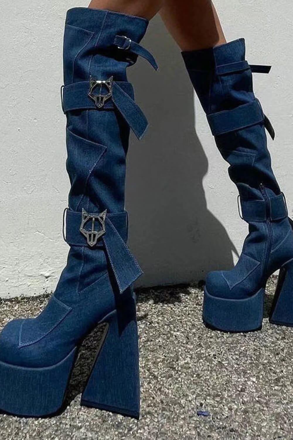 Blue Patches Over The Knee Denim Platform Boots With Hardware And Denim Ties Detailing