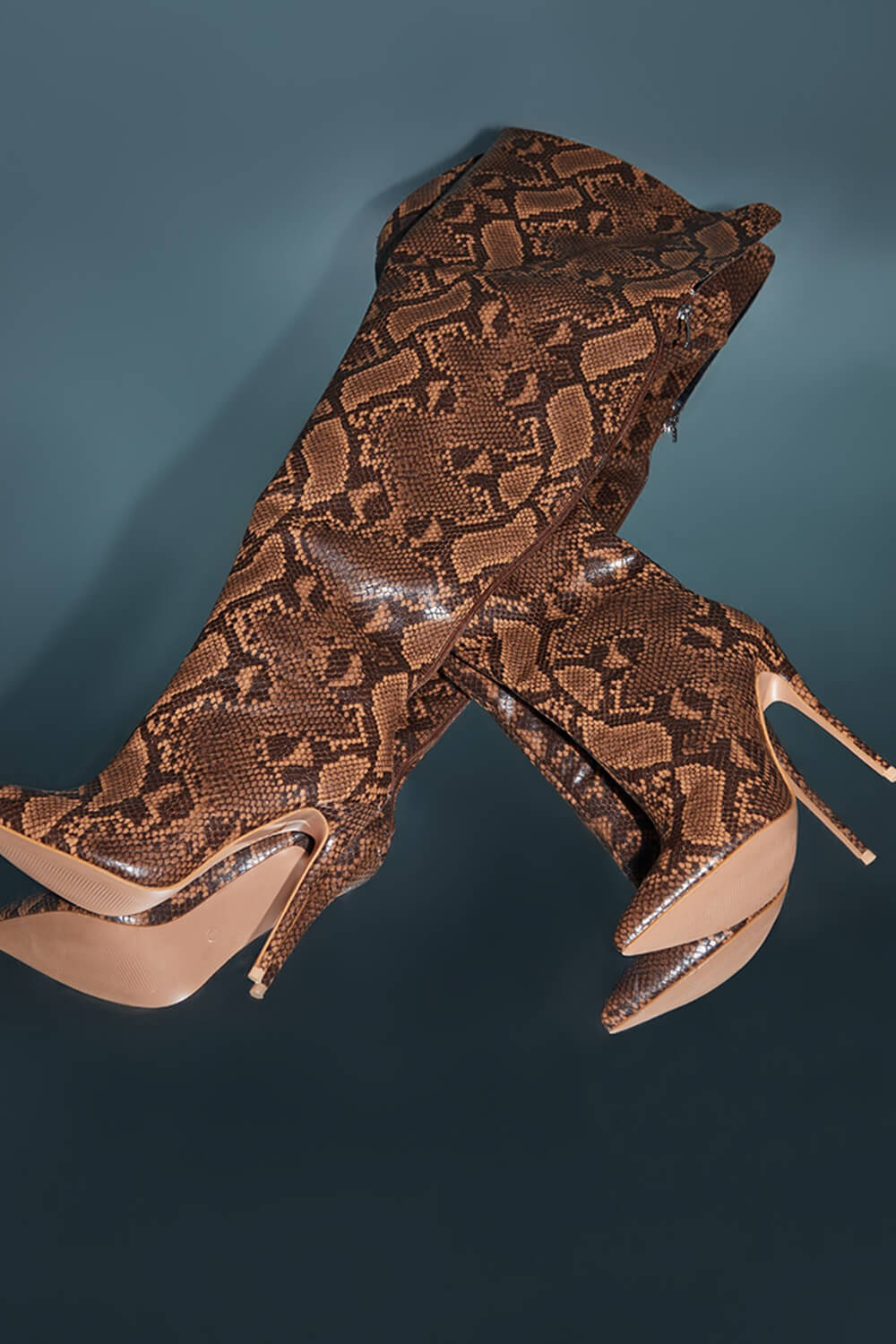 Brown Snake Faux Leather Pointed Toe Over The Knee Thigh High Stiletto Boots
