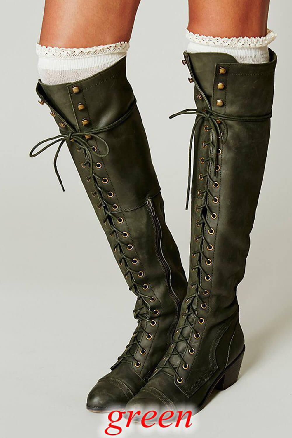 Lace-Up Over-The-Knee Boots - Black/Brown/Khaki/Green