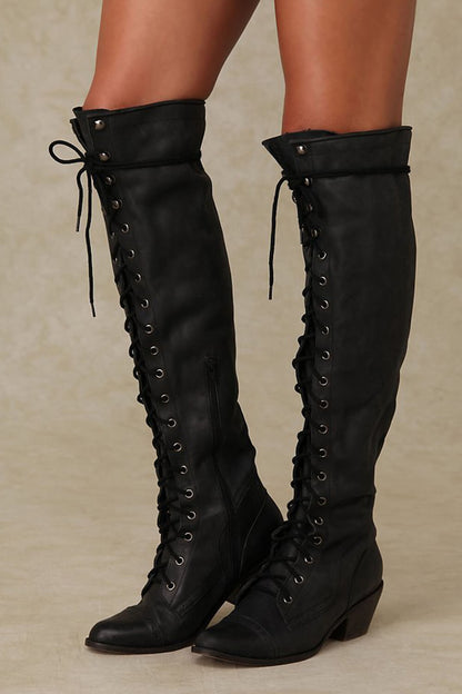 Lace-Up Over-The-Knee Boots - Black/Brown/Khaki/Green