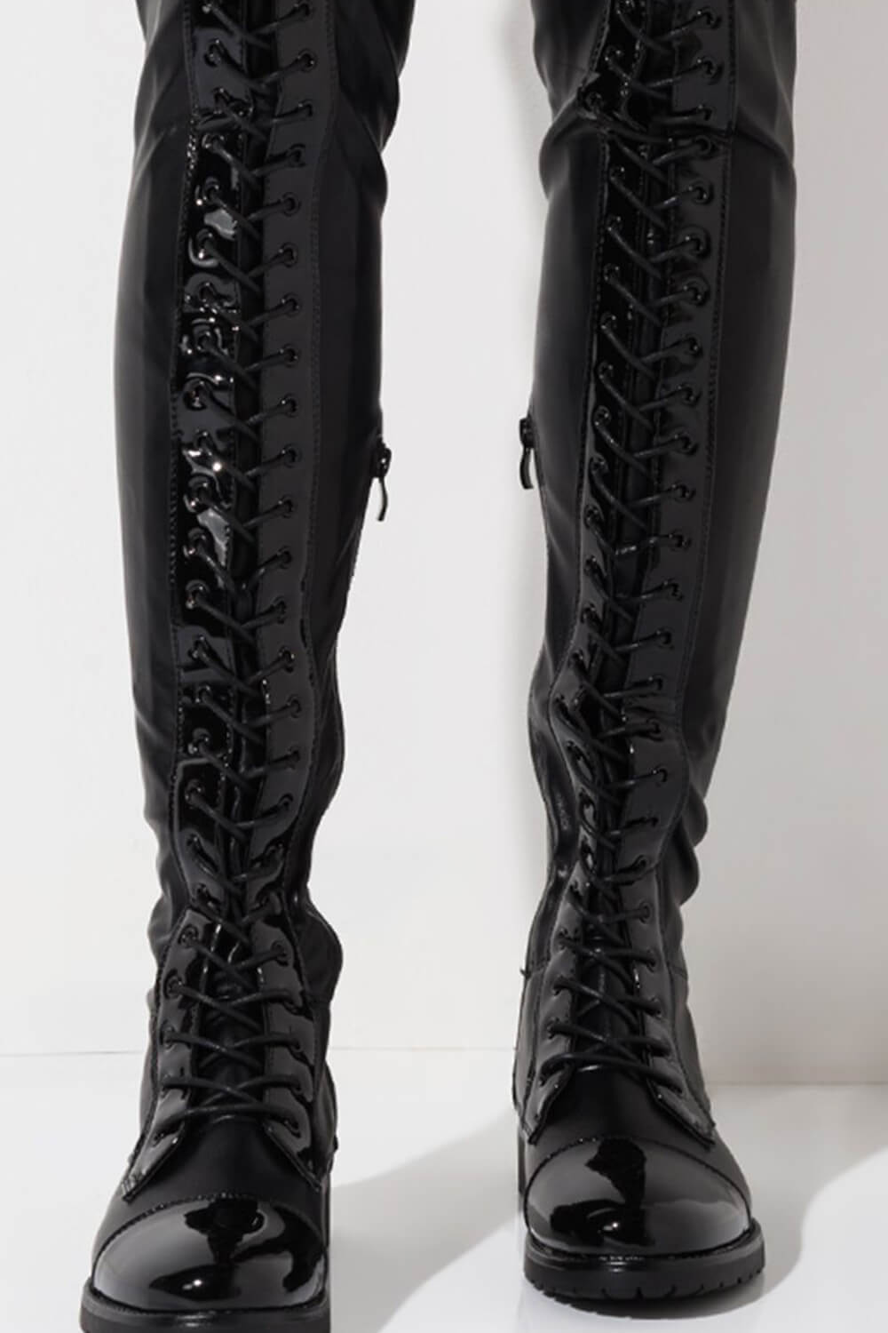 Black Faux Leather Flat Lace Up Over The Knee Thigh High Boots