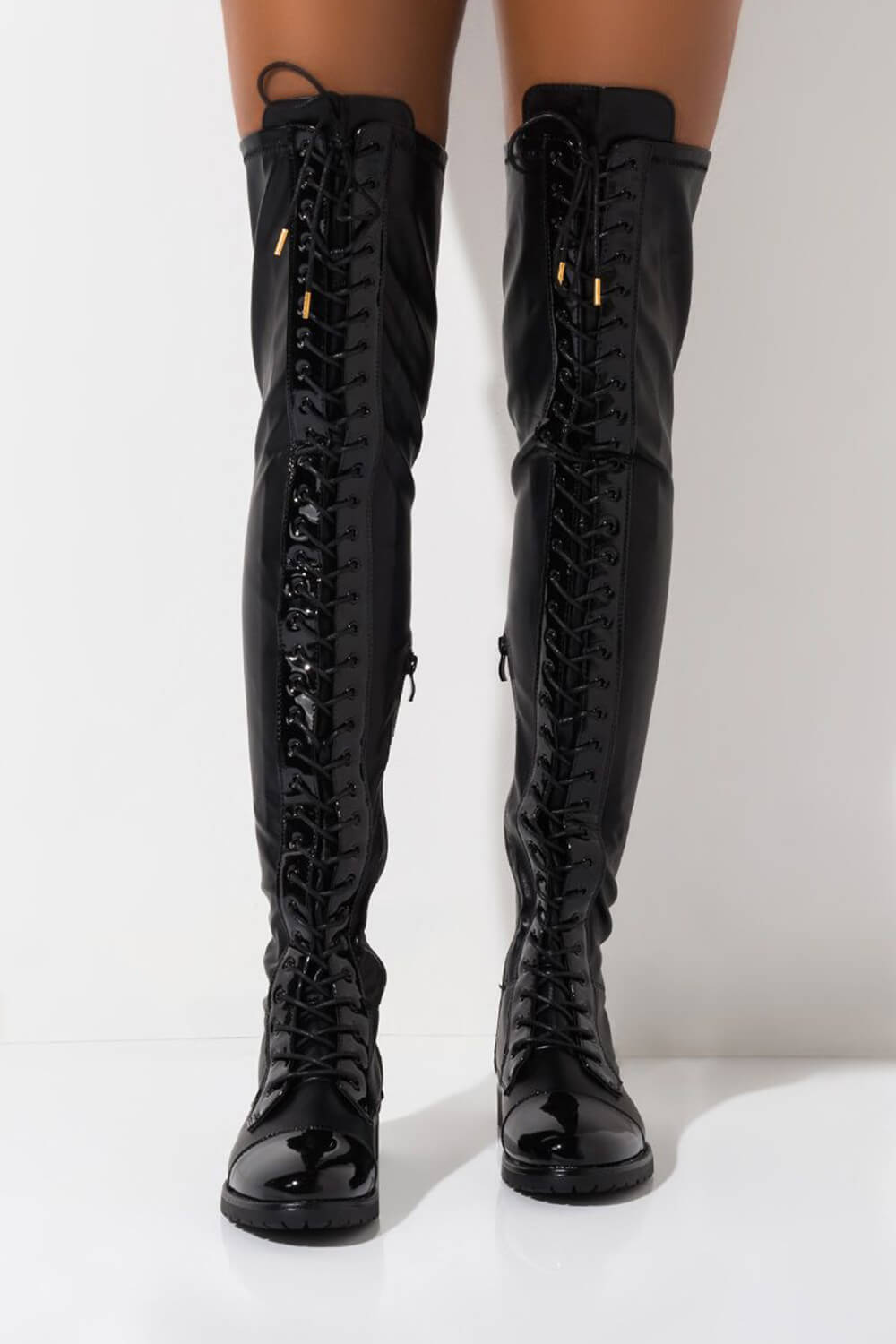 Black Faux Leather Flat Lace Up Over The Knee Thigh High Boots