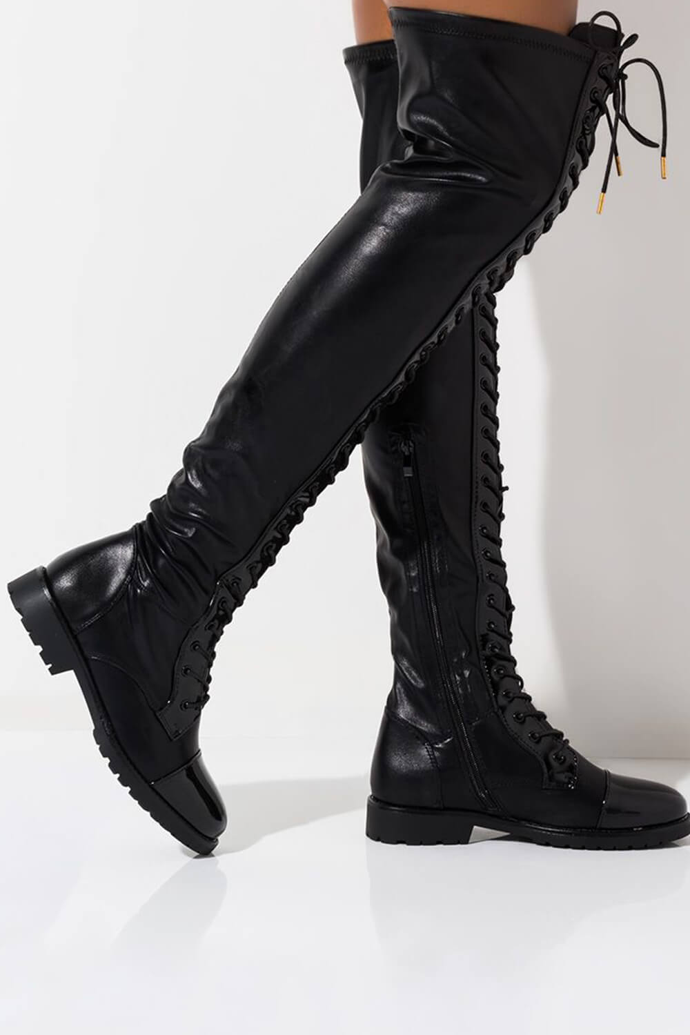 Black Faux Leather Flat Lace Up Over The Knee Thigh High Boots