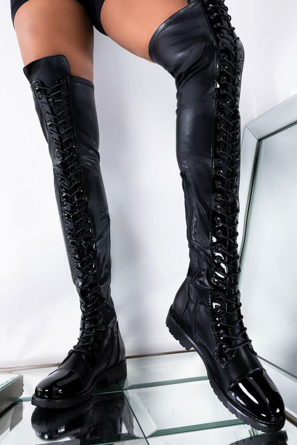 Black Faux Leather Flat Lace Up Over The Knee Thigh High Boots