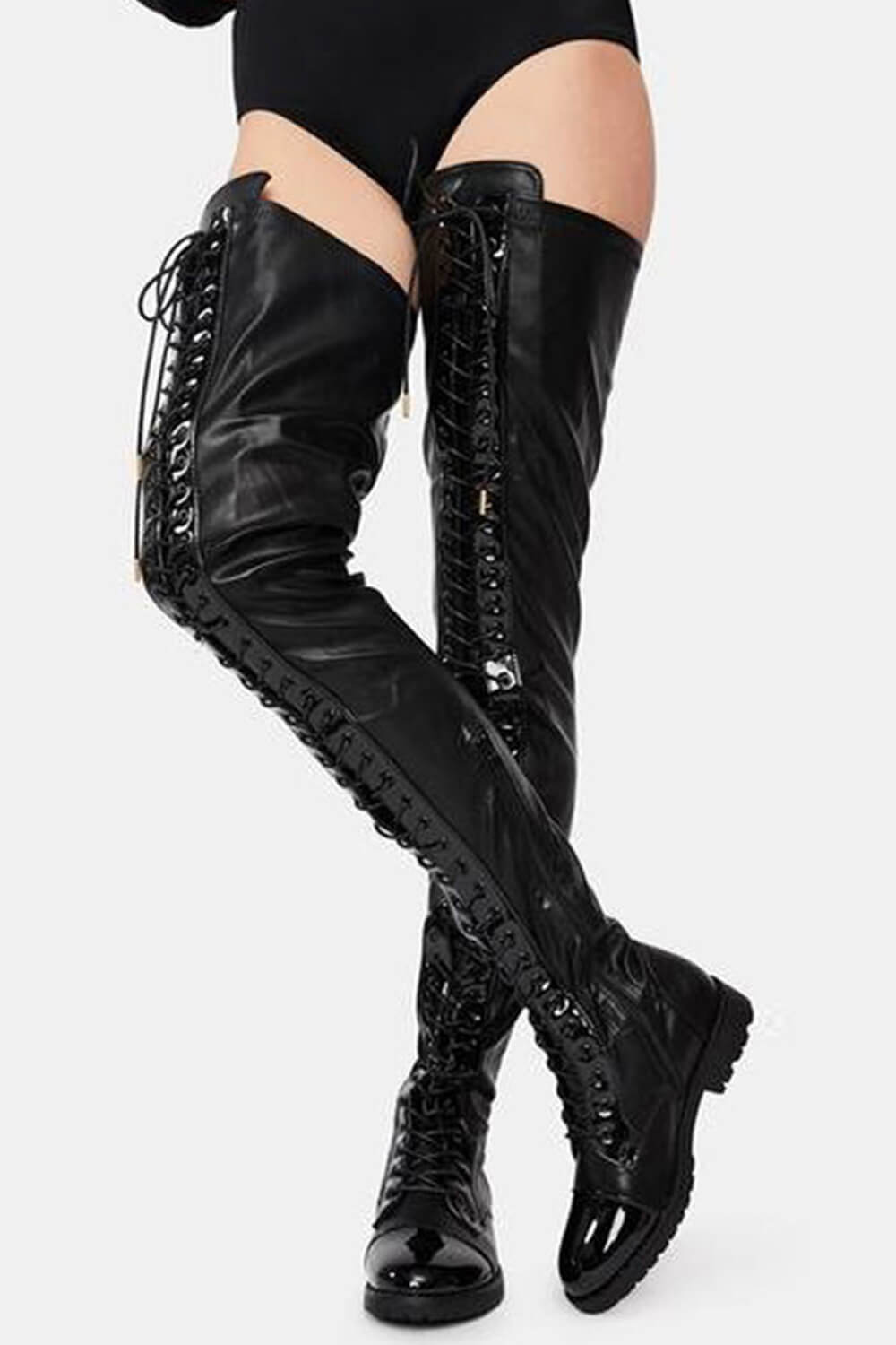 Black Faux Leather Flat Lace Up Over The Knee Thigh High Boots