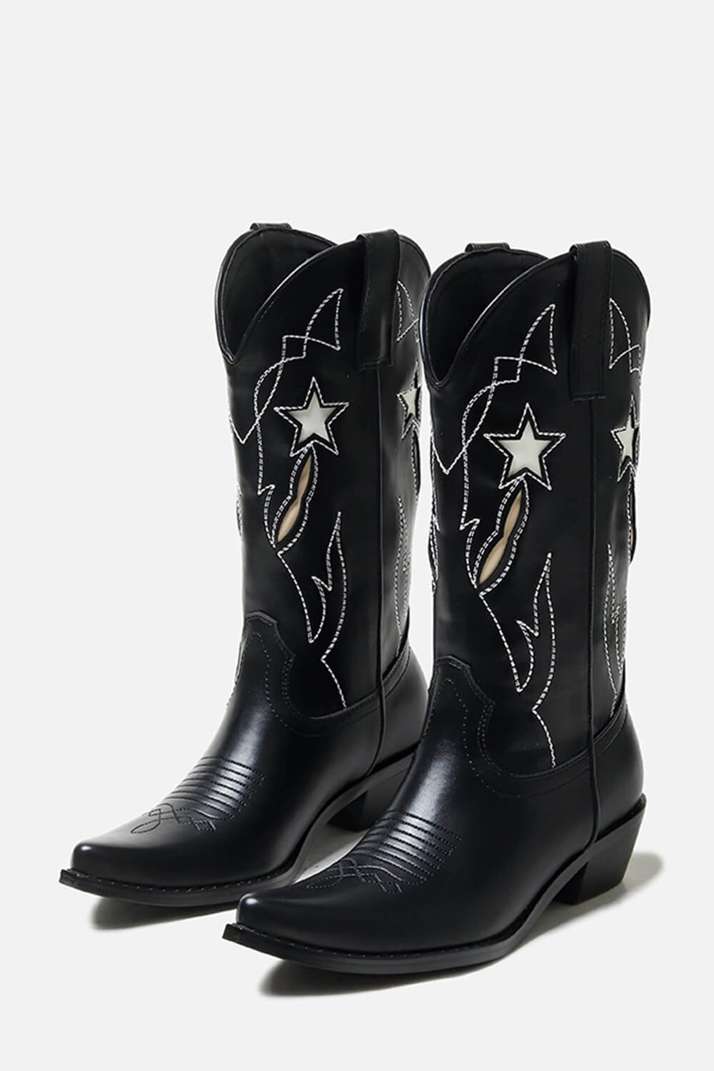 Black Stars Western Cowboy Pointed Toe Block Heeled Ankle Boots