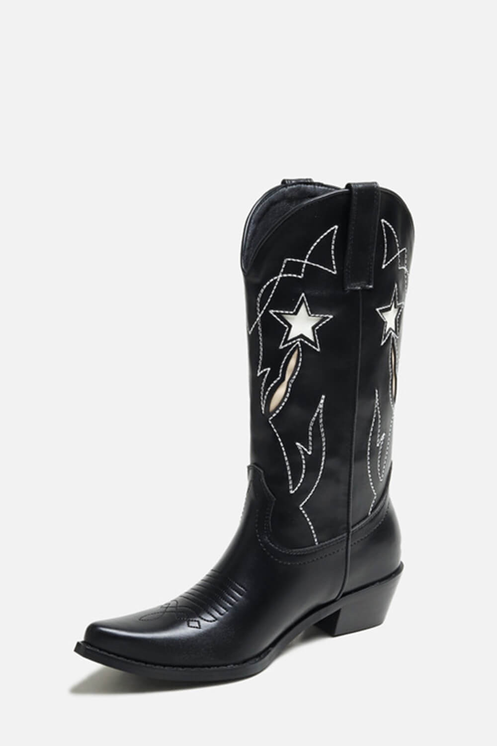 Black Stars Western Cowboy Pointed Toe Block Heeled Ankle Boots