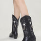 Black Stars Western Cowboy Pointed Toe Block Heeled Ankle Boots