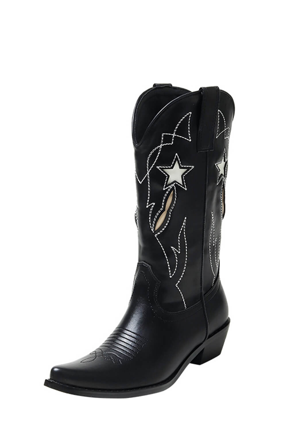 Black Stars Western Cowboy Pointed Toe Block Heeled Ankle Boots