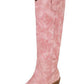 Suede Western Cowboy Almond Toe Knee High Block Heeled Boots - Pink