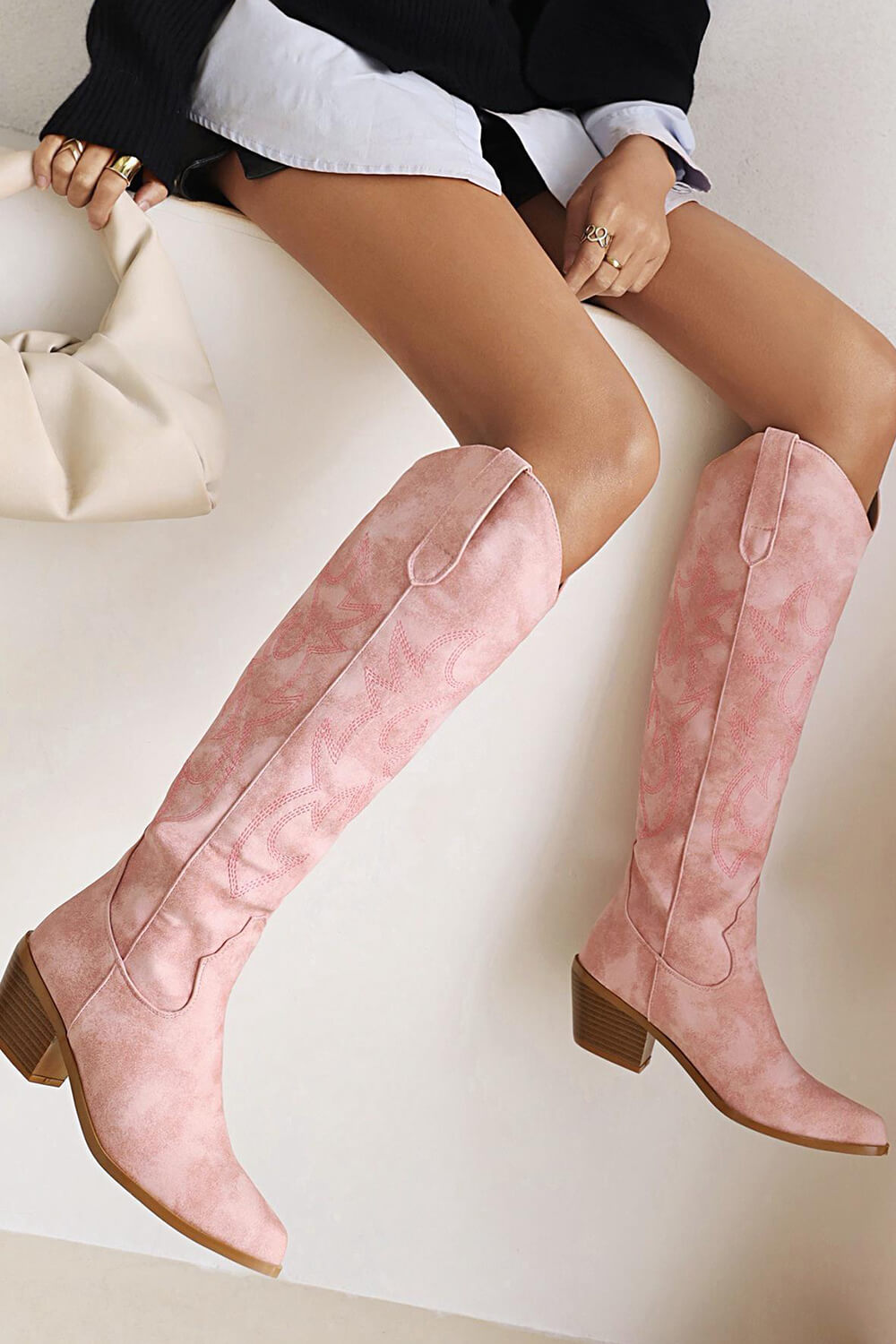 Suede Western Cowboy Almond Toe Knee High Block Heeled Boots - Pink
