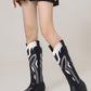 Contrast Western Cowboy Pointed Toe Block Heeled Ankle Boots - Black White