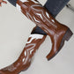 Contrast Western Cowboy Pointed Toe Block Heeled Ankle Boots - Brown White