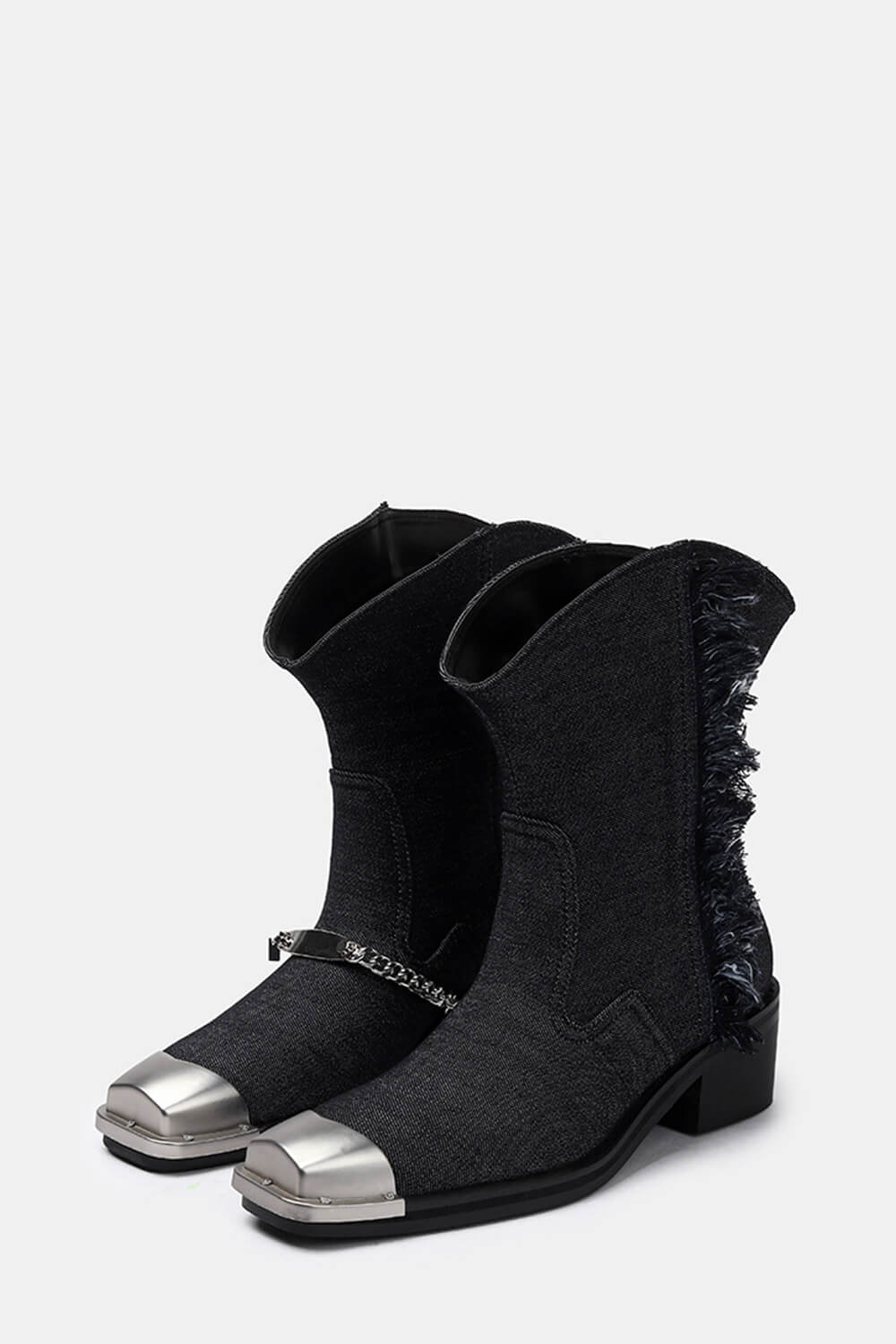 Denim Chain-Link Fringe Ankle Western Cowboy Boots With Square Toe And Hardware Detail - Black