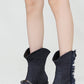 Denim Chain-Link Fringe Ankle Western Cowboy Boots With Square Toe And Hardware Detail - Black