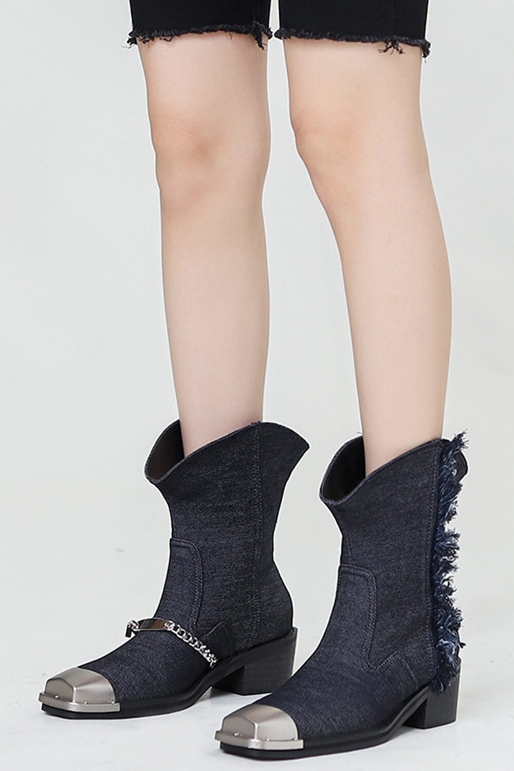 Denim Chain-Link Fringe Ankle Western Cowboy Boots With Square Toe And Hardware Detail - Black