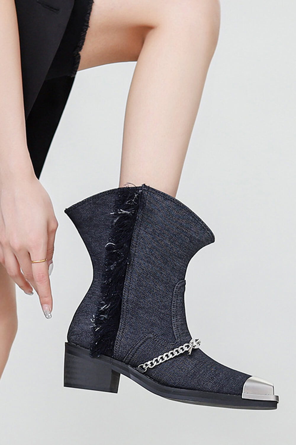 Denim Chain-Link Fringe Ankle Western Cowboy Boots With Square Toe And Hardware Detail - Black