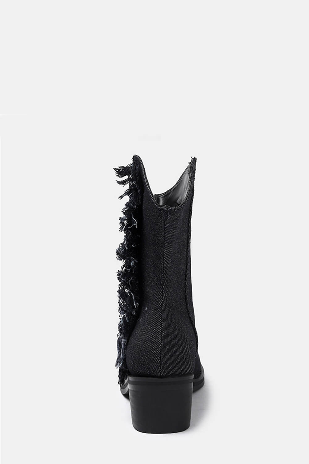 Denim Chain-Link Fringe Ankle Western Cowboy Boots With Square Toe And Hardware Detail - Black