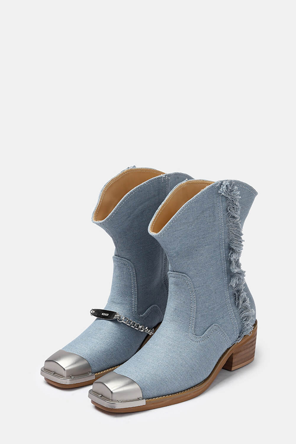 Denim Chain-Link Fringe Ankle Western Cowboy Boots With Square Toe And Hardware Detail - Blue